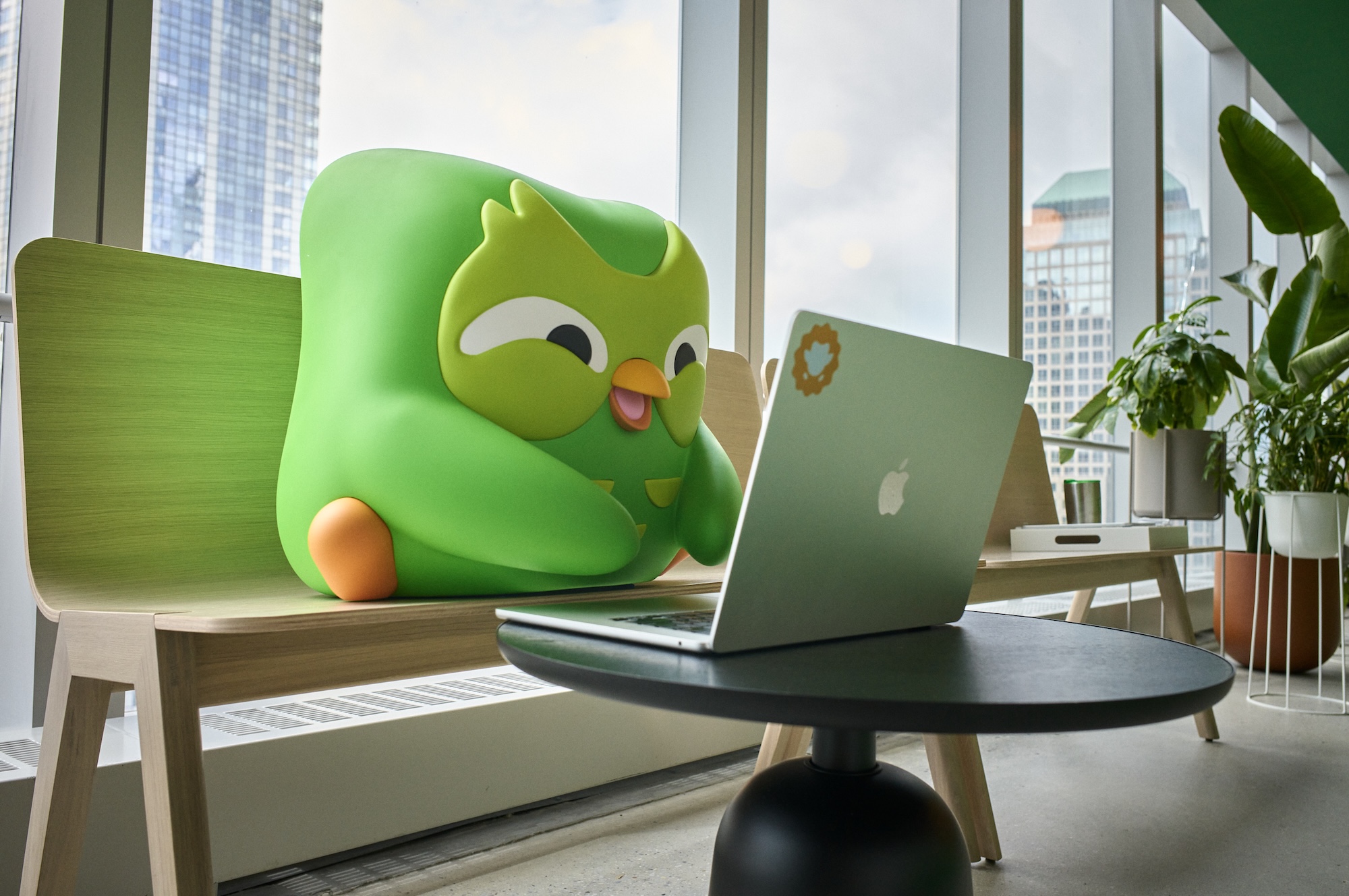 A resin Duo the owl is typing on a laptop. There are skyscrapers in the background