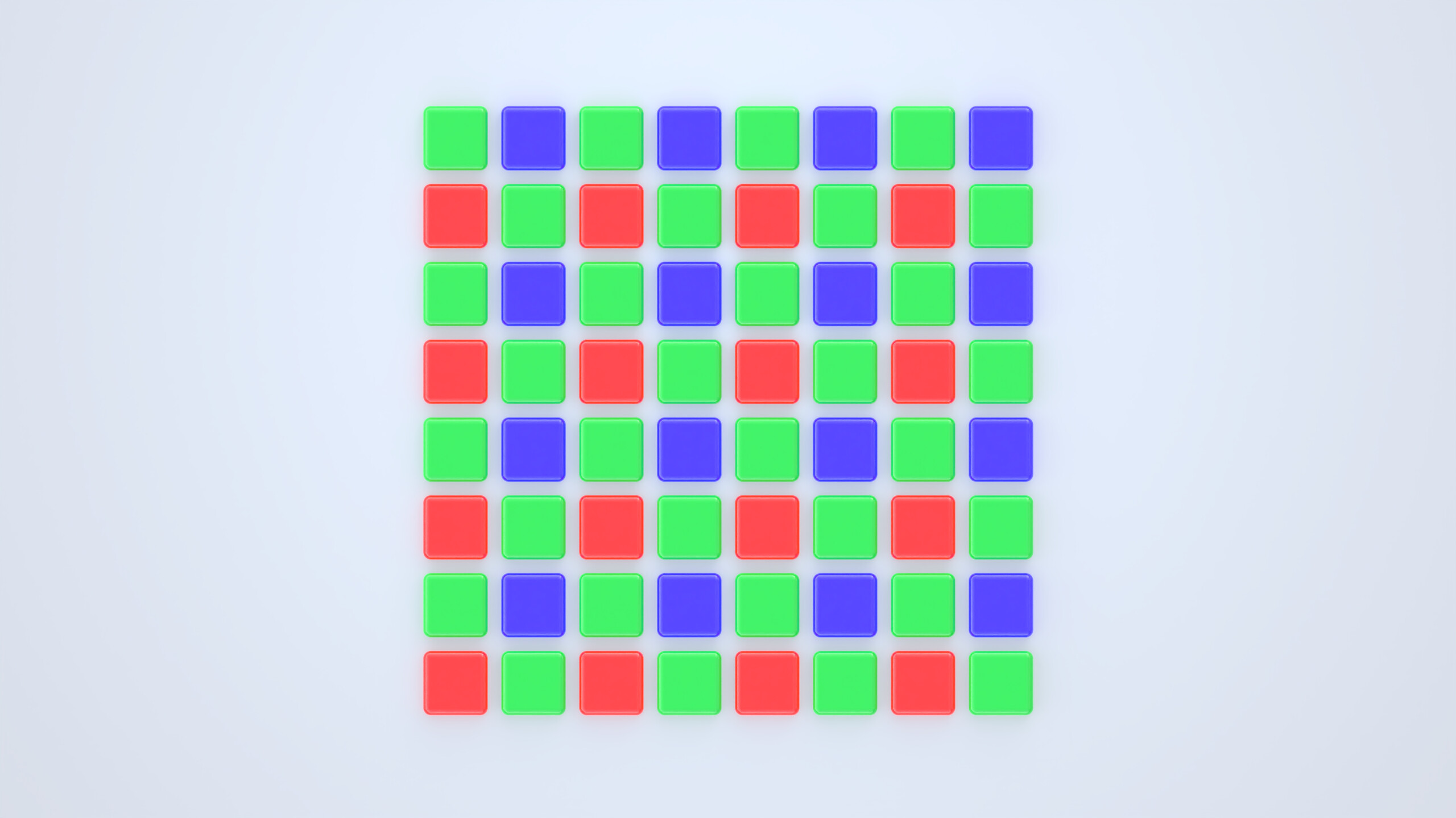 A top-down view of a Bayer Color Filter array. The rows alternate between a green and blue set of pixels followed by a row of just green and red pixels. The arrangement continues for the entire sensor