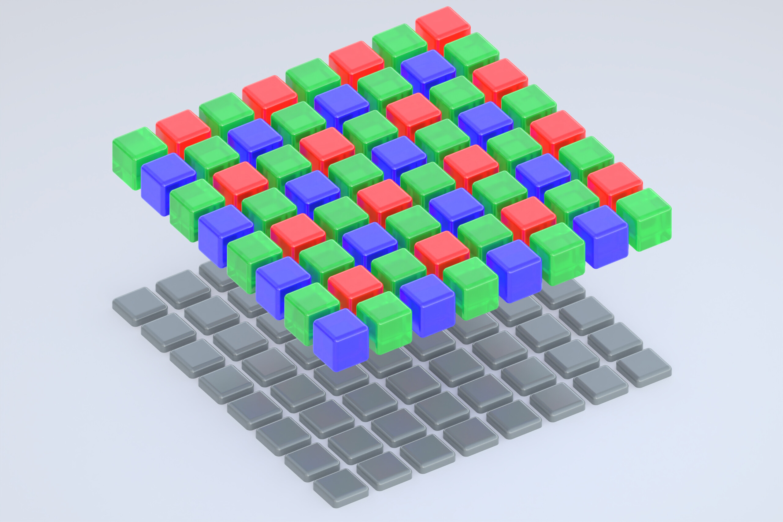 3D visualization of a Bayer color filter array with red, green, and blue colored pixels positioned above a grey sensor grid