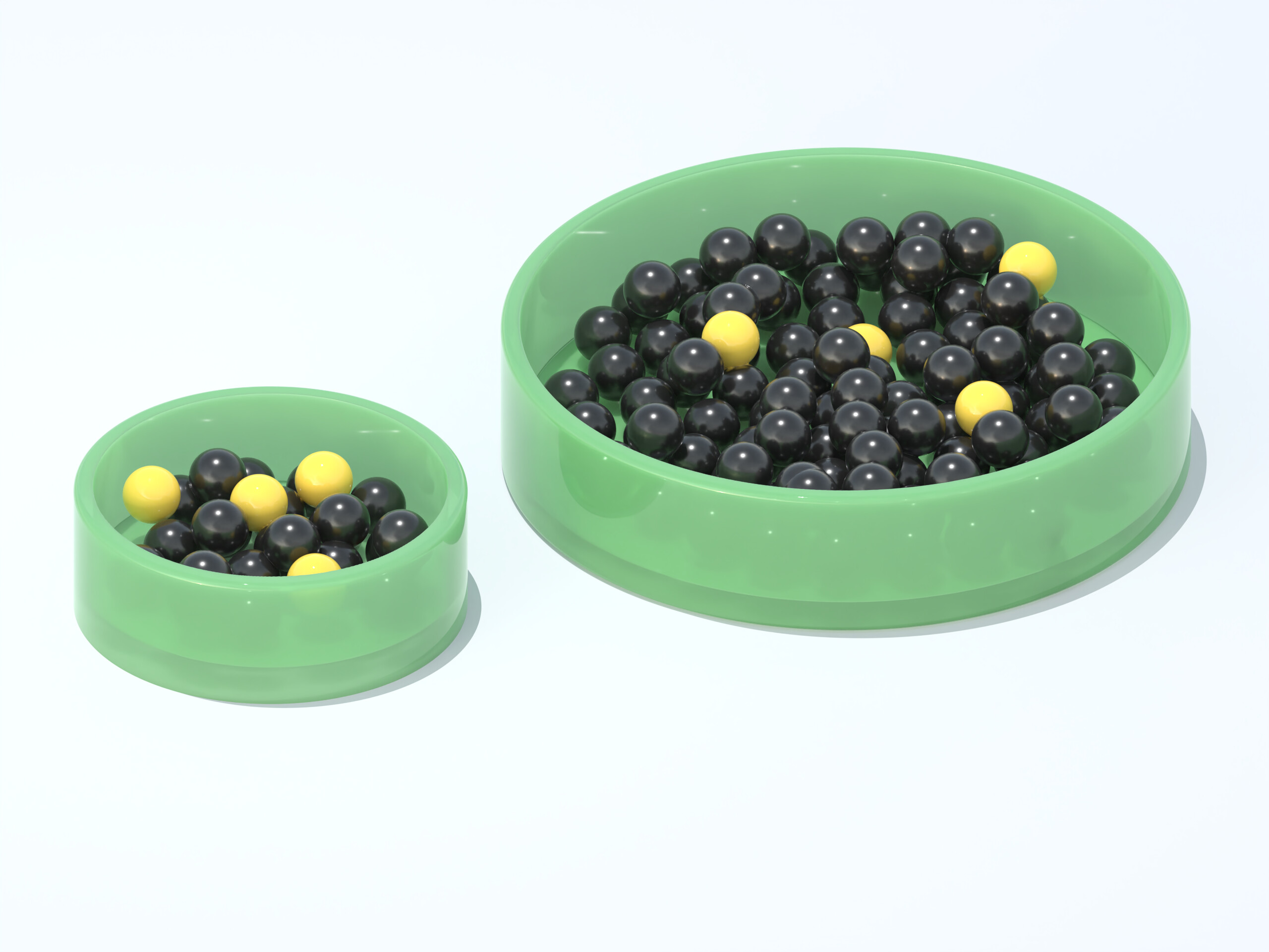 Two green circular containers of different sizes filled with black and yellow spheres representing photons and noise respectively