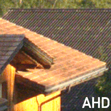 Animated comparison of three demosaicing algorithms (DHT, AHD, and Bilinear) showing differences in image quality and sharpness