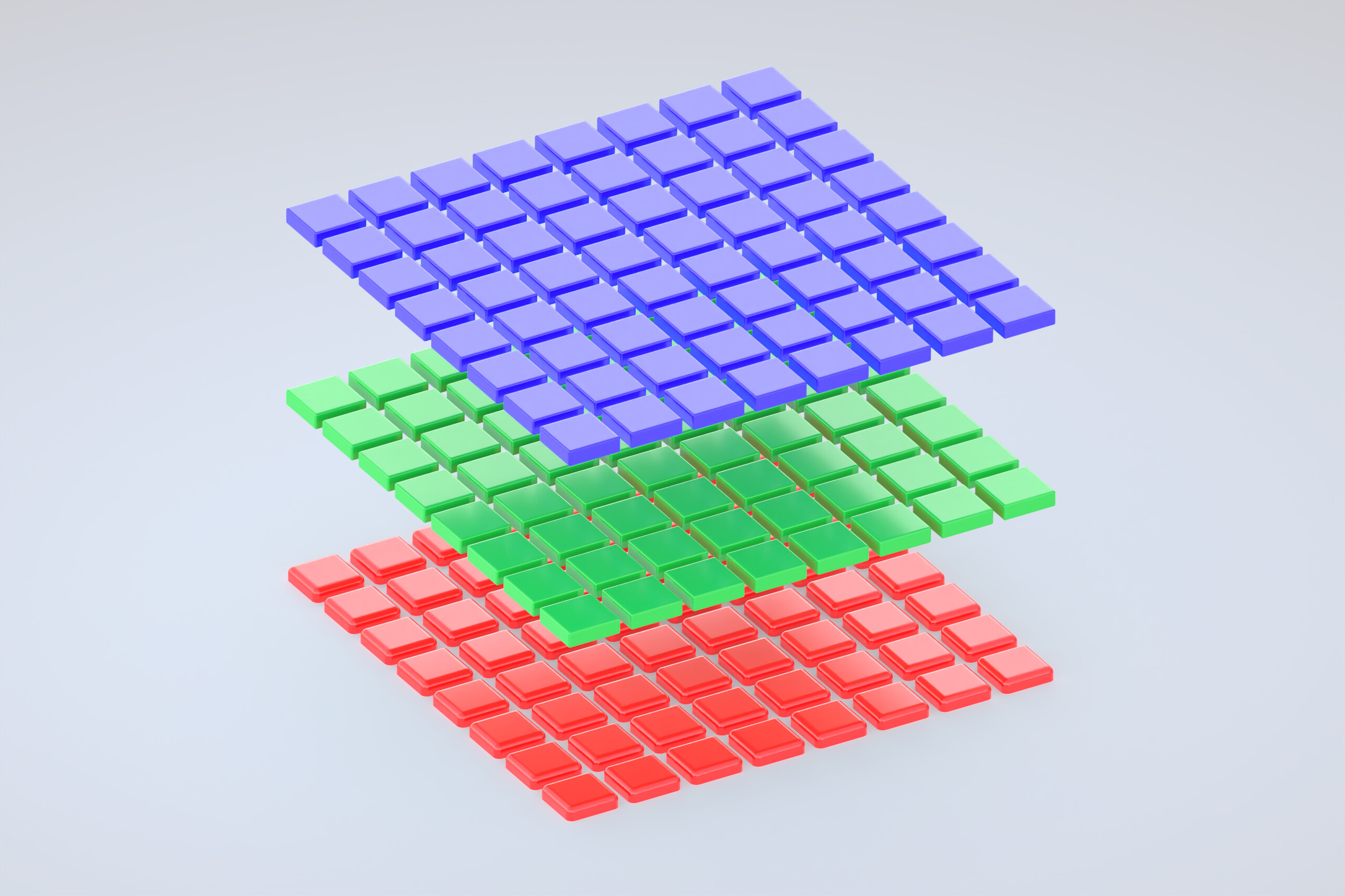 3D visualization of Foveon sensor showing three stacked layers in blue, green, and red colors representing the sensor's layered RGB structure